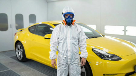 body painter dressed in hazmat suit painting yellow car generated with Z-Image