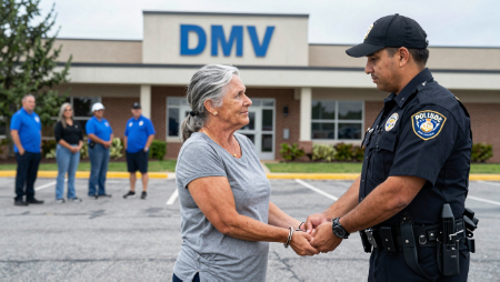 woman being handcuffed by police officer outside dmv generated with Z-Image